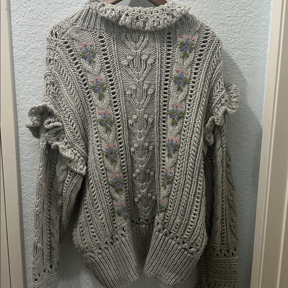 ZARA Embroidered Gray Flowery Sweater Front and Back Intricate Design Size M - Picture 5 of 9